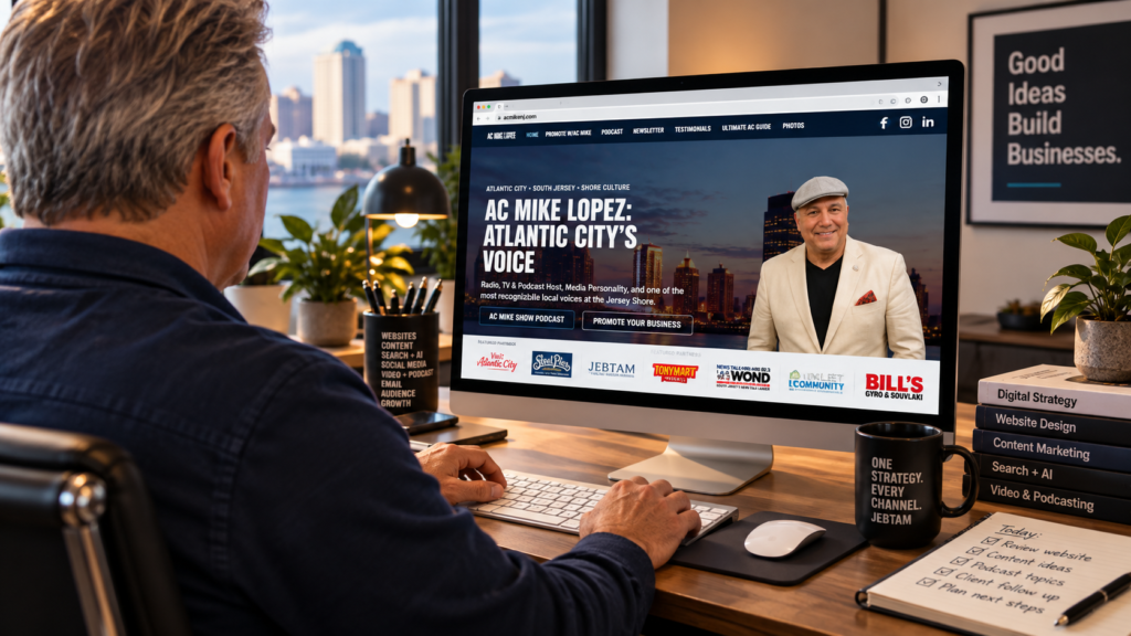 Business owner reviewing a website on a desktop computer as part of a broader digital brand strategy.