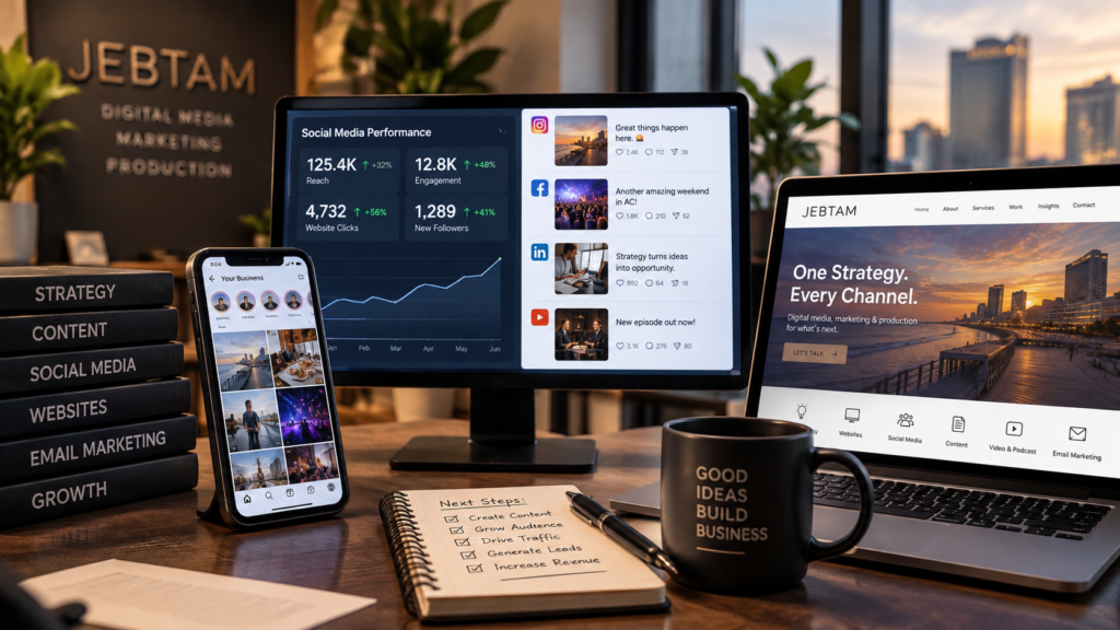 Social media marketing and digital strategy workspace showing social media, website and audience growth analytics