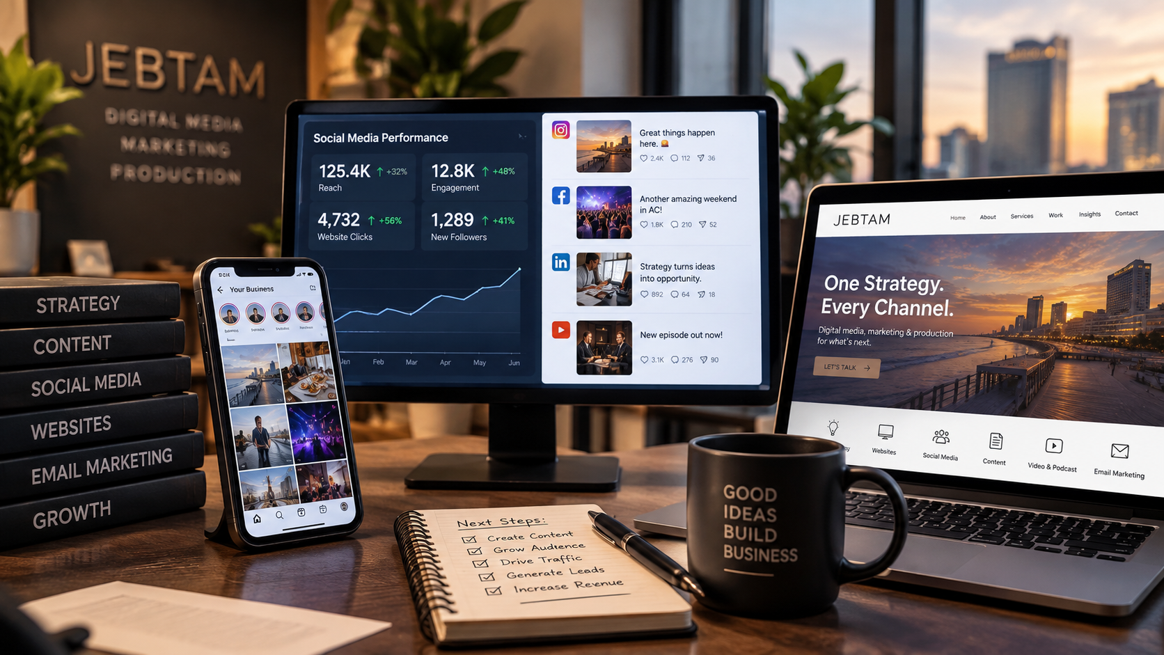 Social media marketing and digital strategy workspace showing social media, website and audience growth analytics
