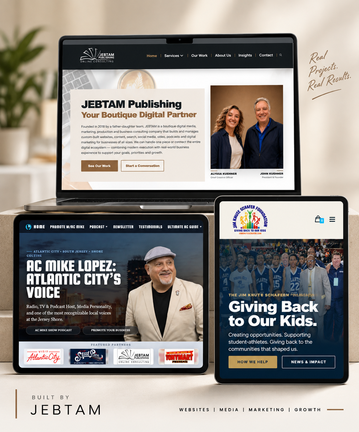 Websites and digital platforms built by JEBTAM Publishing, including JEBTAM Publishing, AC Mike and the Jim Knute Schafer Foundation