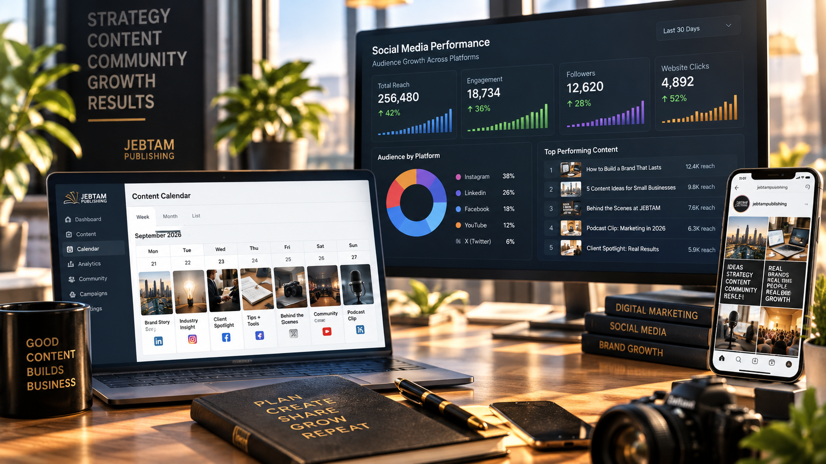Digital marketing and social media strategy, content planning, audience growth and performance analytics