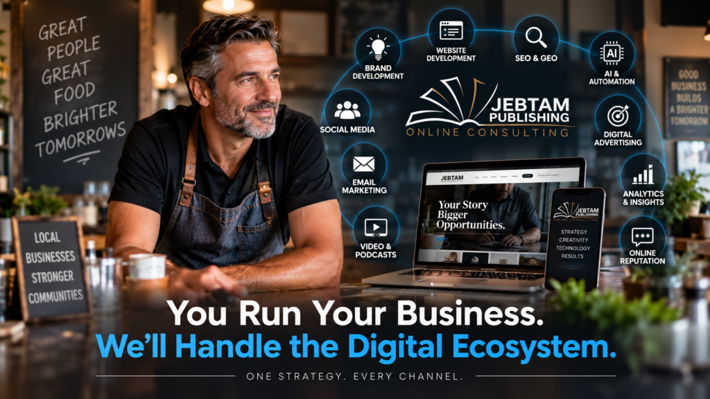 JEBTAM digital marketing ecosystem connecting brand development, websites, SEO and GEO, social media, email, video, advertising, analytics and AI automation.