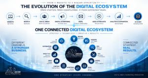 JEBTAM infographic showing the evolution from websites and search to social media, email, video, analytics, automation, AI and GEO in a connected digital marketing ecosystem.
